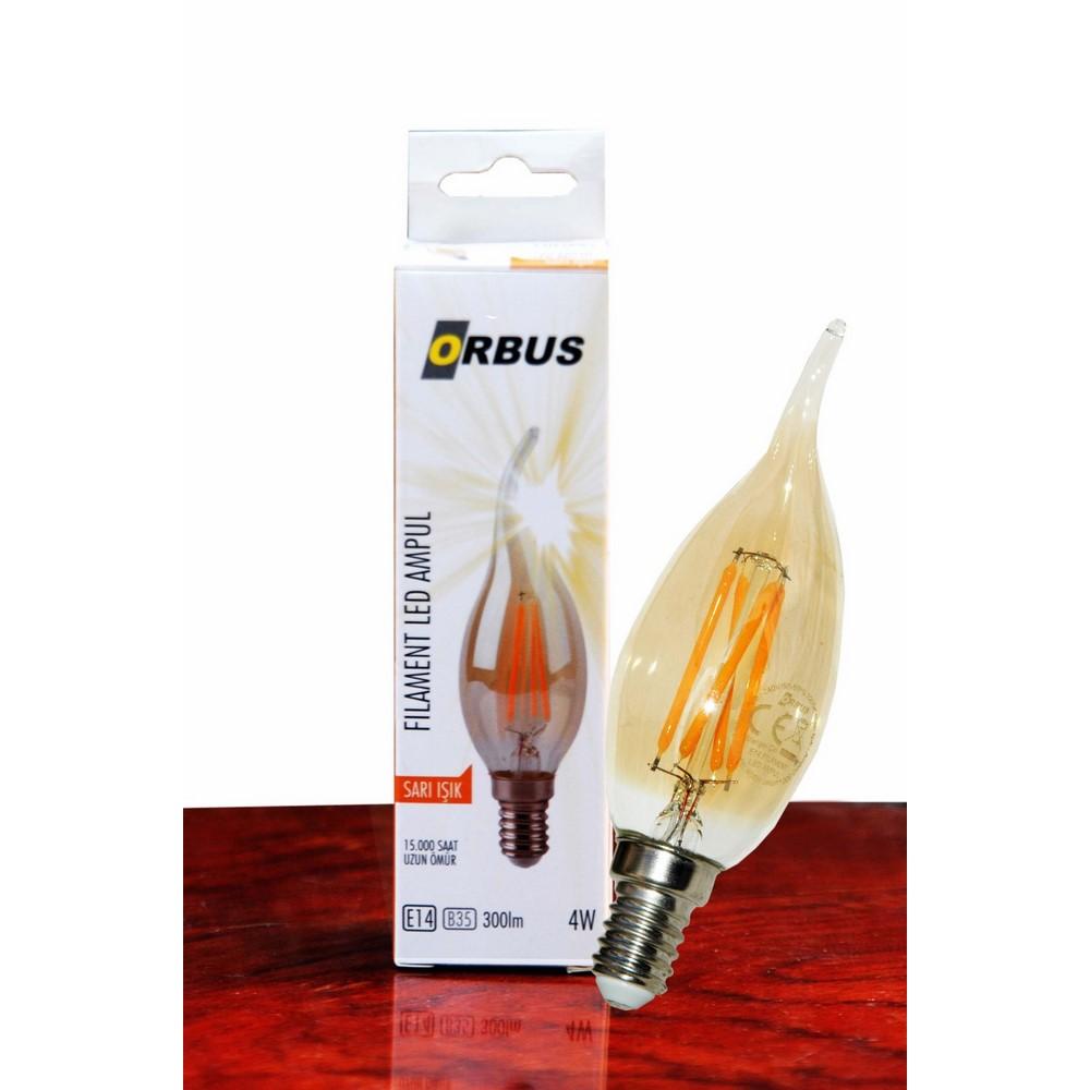  Orbus C37 4W Filament Bulb Amber Kıvrık Uç E14 300Lm Ra80 220- 240V/50Hz Ampul - 2200K Sarı Işık