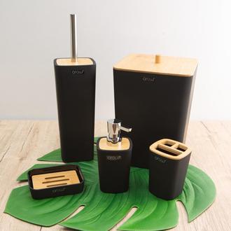 Arow Bambu Kapaklı 5 Parça Akrilik Banyo Aksesuar Seti - Siyah_1