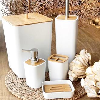 Arow Bambu Kapaklı 5 Parça Akrilik Banyo Aksesuar Seti - Beyaz