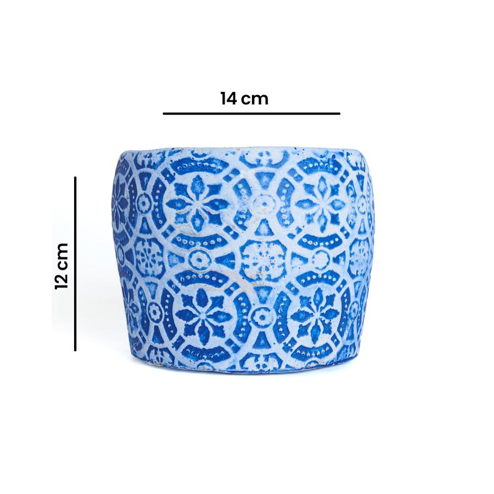  Objevi Geometrik Çiçek Desenli Beton Saksı - Mavi - 14x12 cm